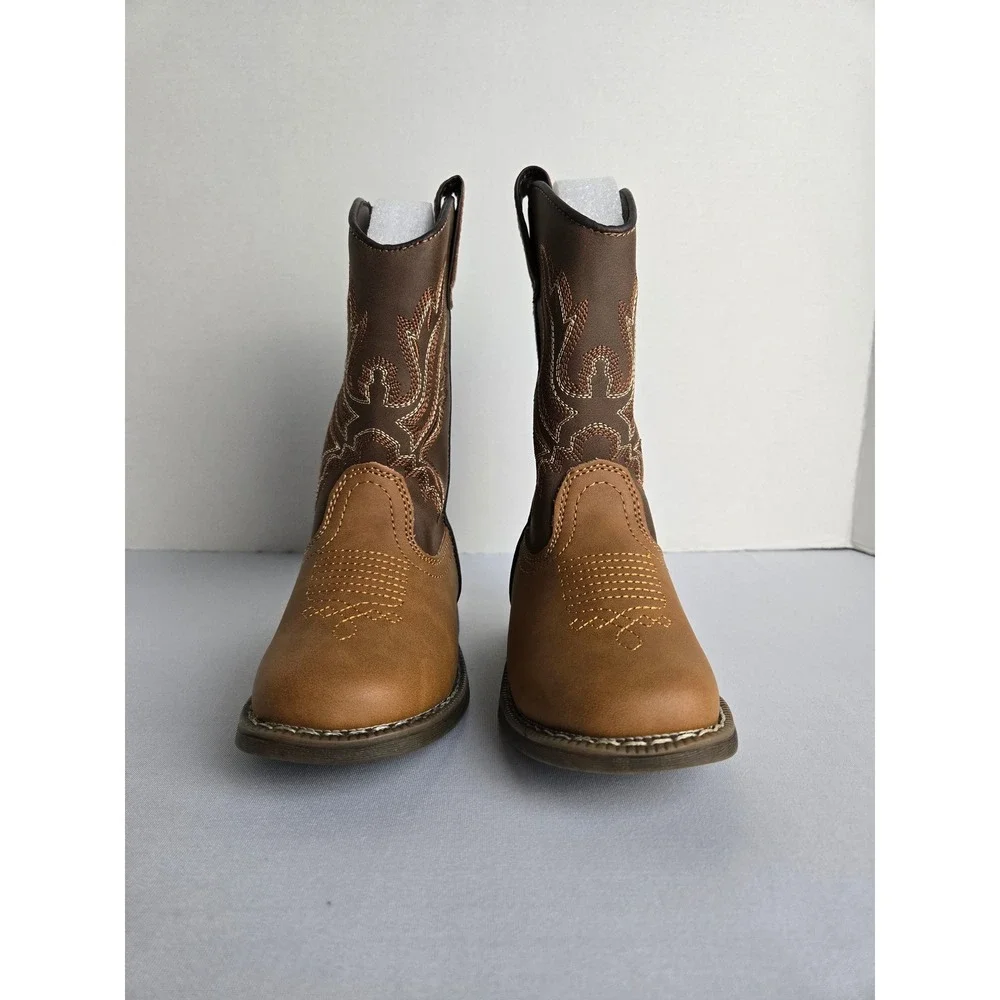 Kids Brown Western Cowboy Boots Side Zip Square Toe Size 6 Toddler